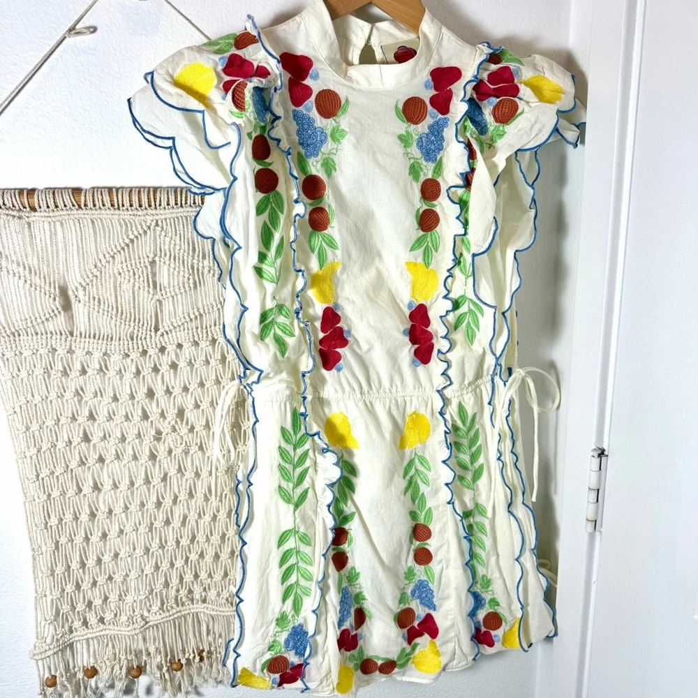 Farm Rio Anthropologie Garden Southern Cute Embroidered Cream Fruit Fern Dress S - Picture 7 of 13